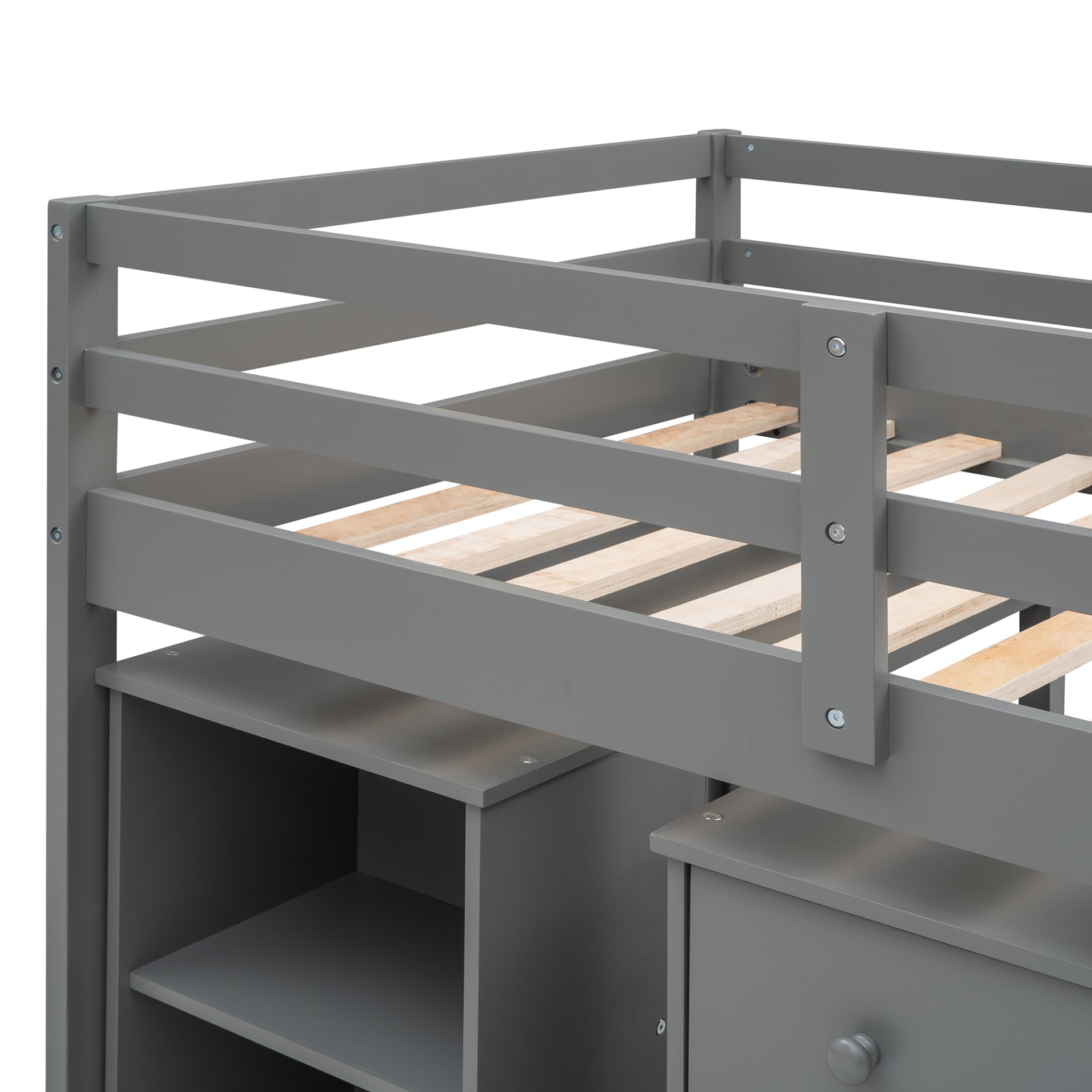 Twin size low loft bed by Start2Finish featuring solid wood construction, built-in cabinets, and a rolling desk in a bedroom setting.