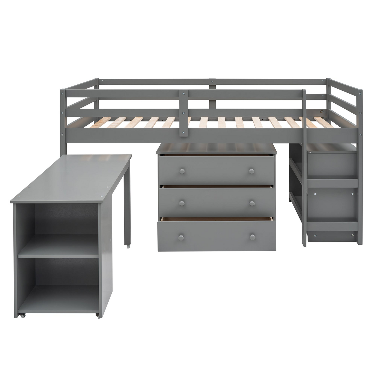Twin size low loft bed by Start2Finish with solid wood frame, built-in cabinets, and rolling desk for bedroom or study space.