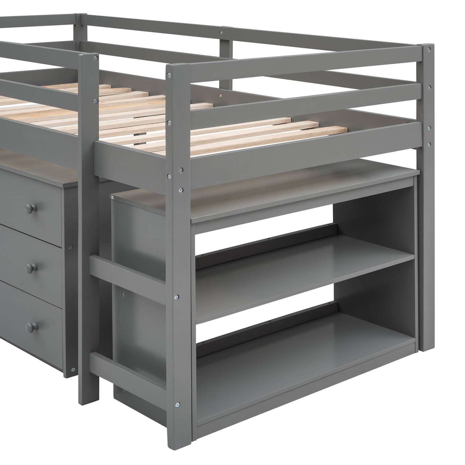 Twin size low loft bed by Start2Finish with solid wood frame, built-in cabinets, and rolling desk for bedroom or study space.