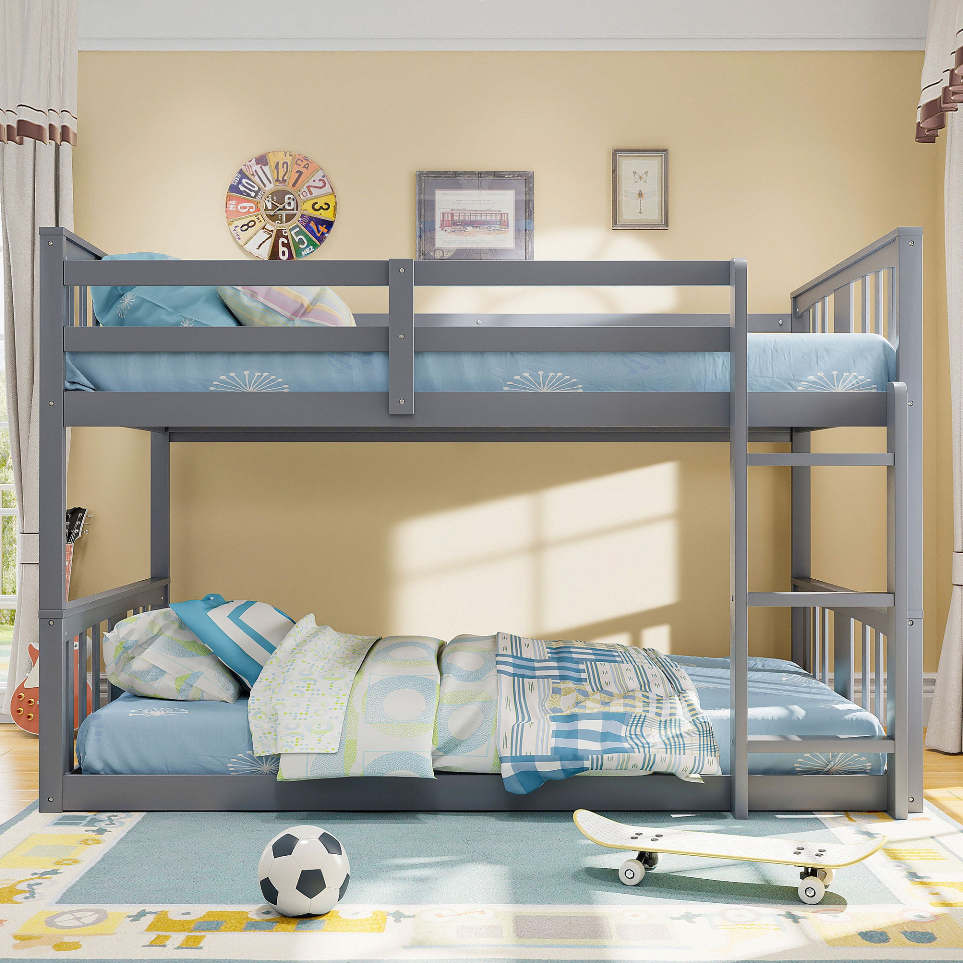 Twin over twin bunk bed by Start2Finish with plywood construction, ladder, and guardrails in a shared or guest bedroom setting.