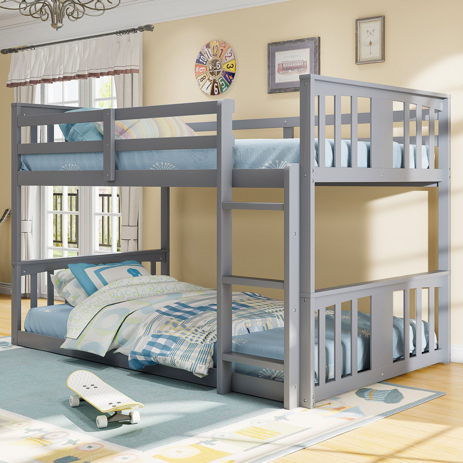 Start2Finish twin over twin bunk bed made of plywood with ladder and guardrails for shared or guest bedrooms.