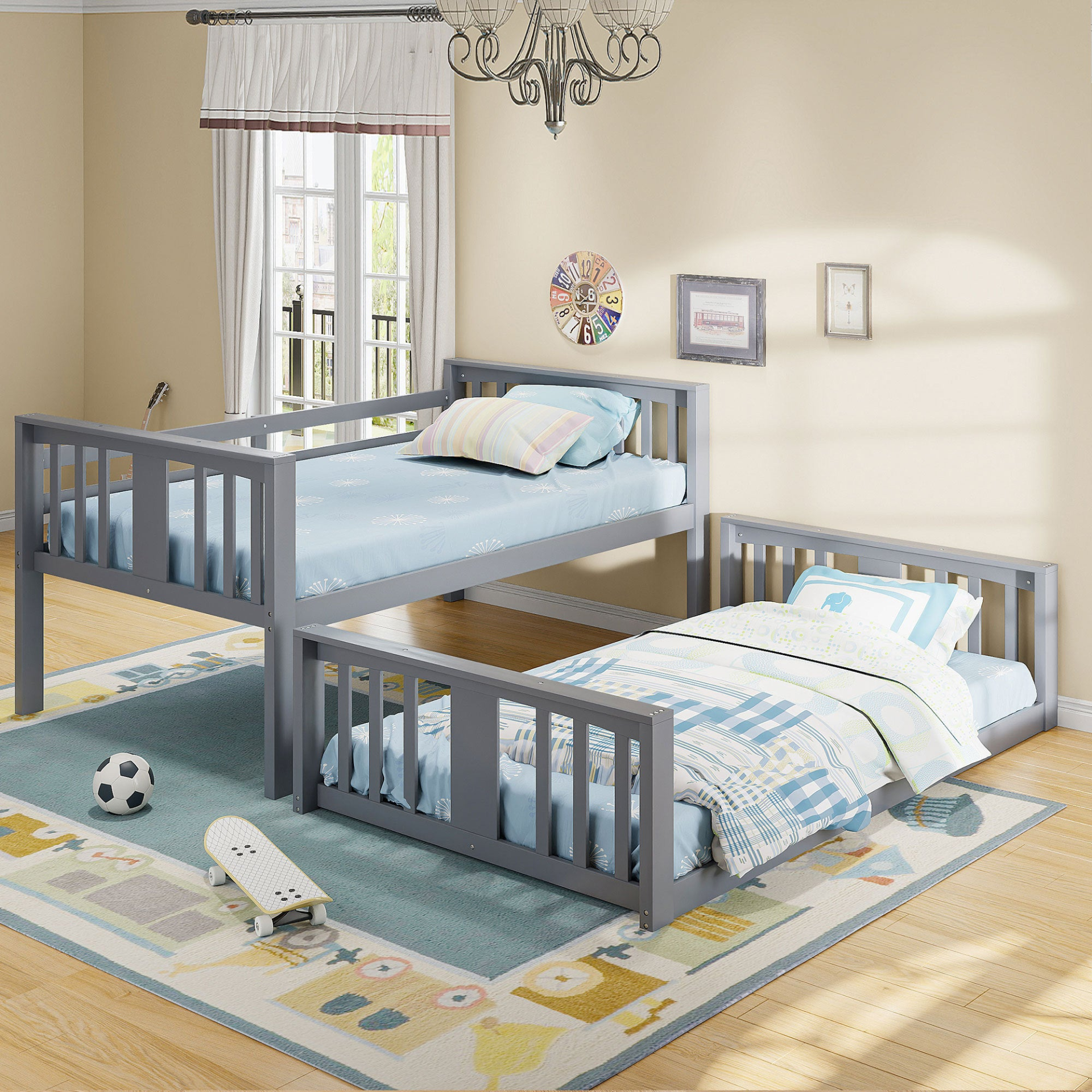 Twin over twin bunk bed by Start2Finish with plywood frame, ladder, and guardrails for shared or guest bedroom.