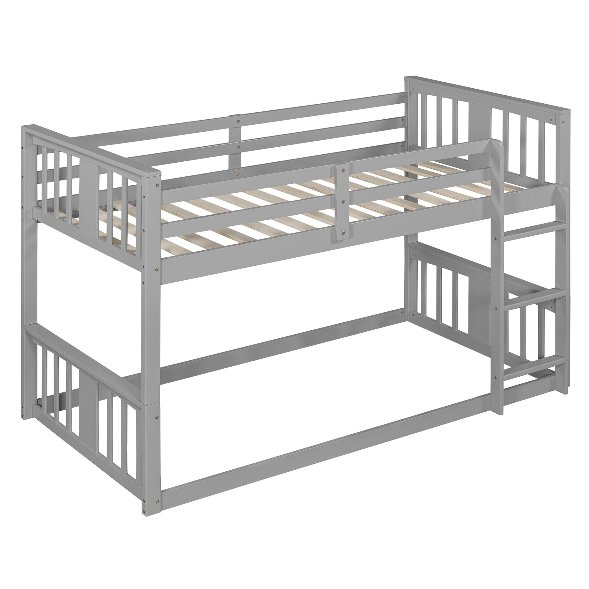 Twin over twin bunk bed by Start2Finish with plywood frame, ladder, and guardrails, ideal for shared or guest bedrooms.