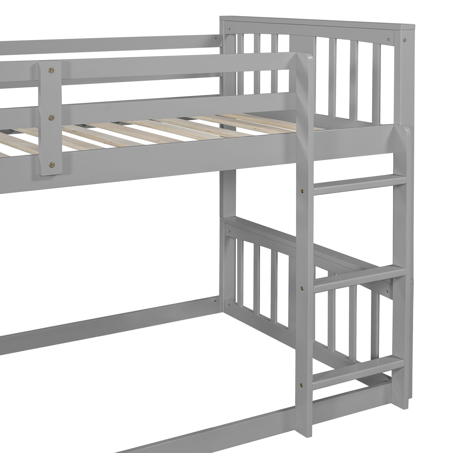 Twin over twin plywood bunk bed with ladder and guardrails, ideal for shared bedrooms or guest rooms, by Start2Finish.