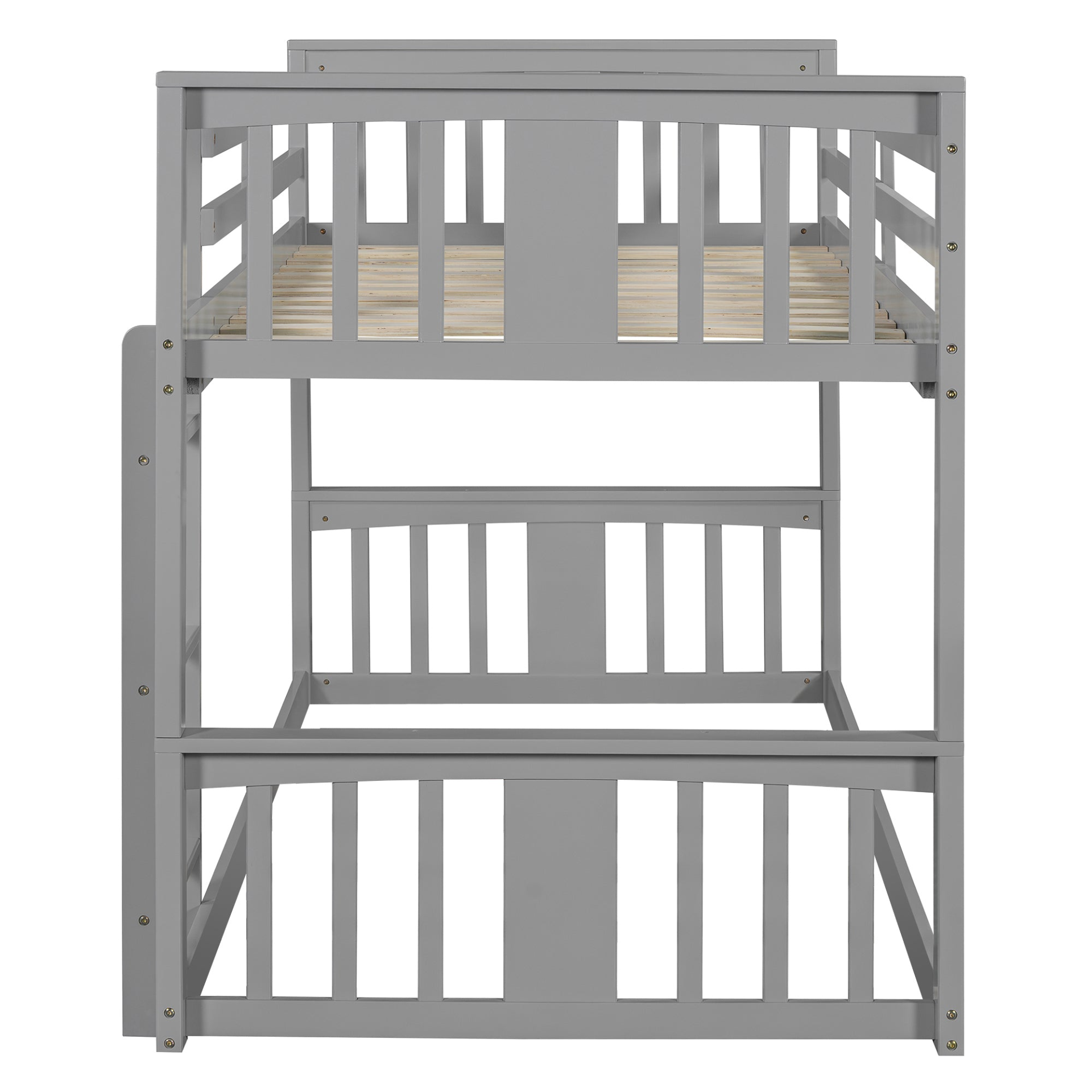 Twin over twin bunk bed by Start2Finish, plywood frame with ladder and guardrails, ideal for shared bedrooms or guest rooms.