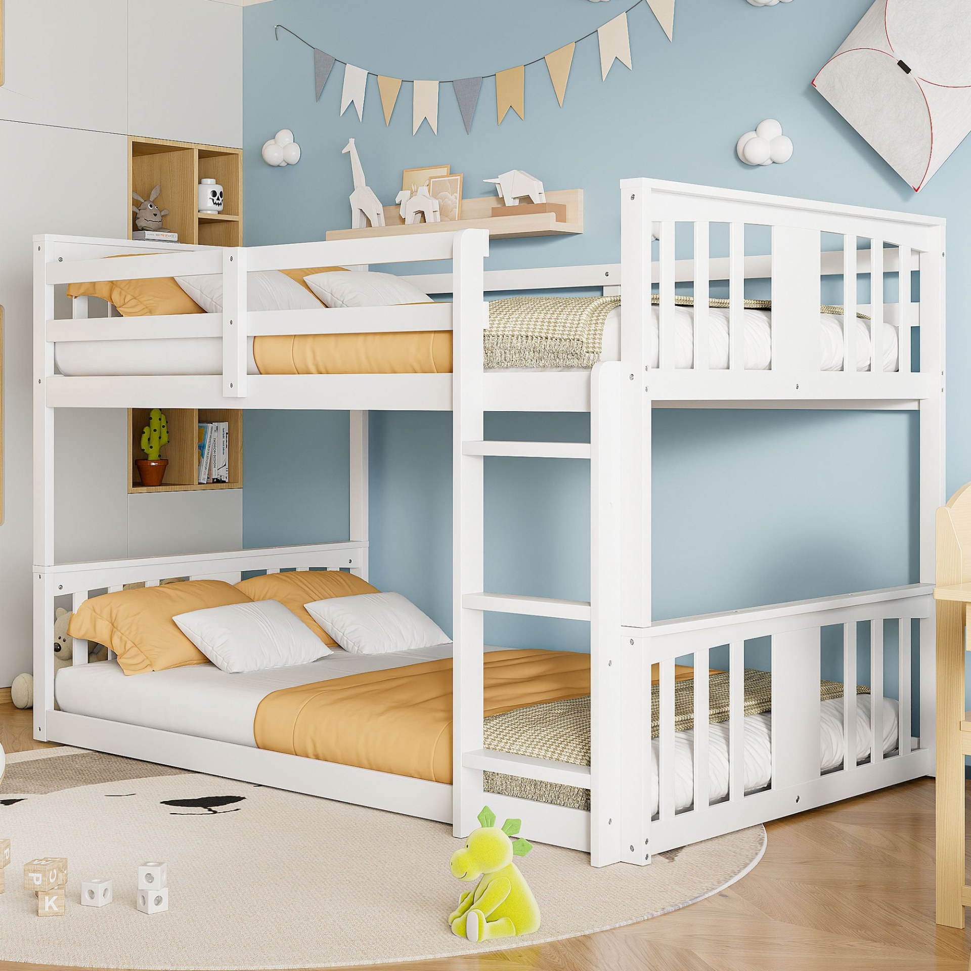 Twin over twin plywood bunk bed with ladder and guardrails, ideal for shared or guest bedrooms from Start2Finish furniture.