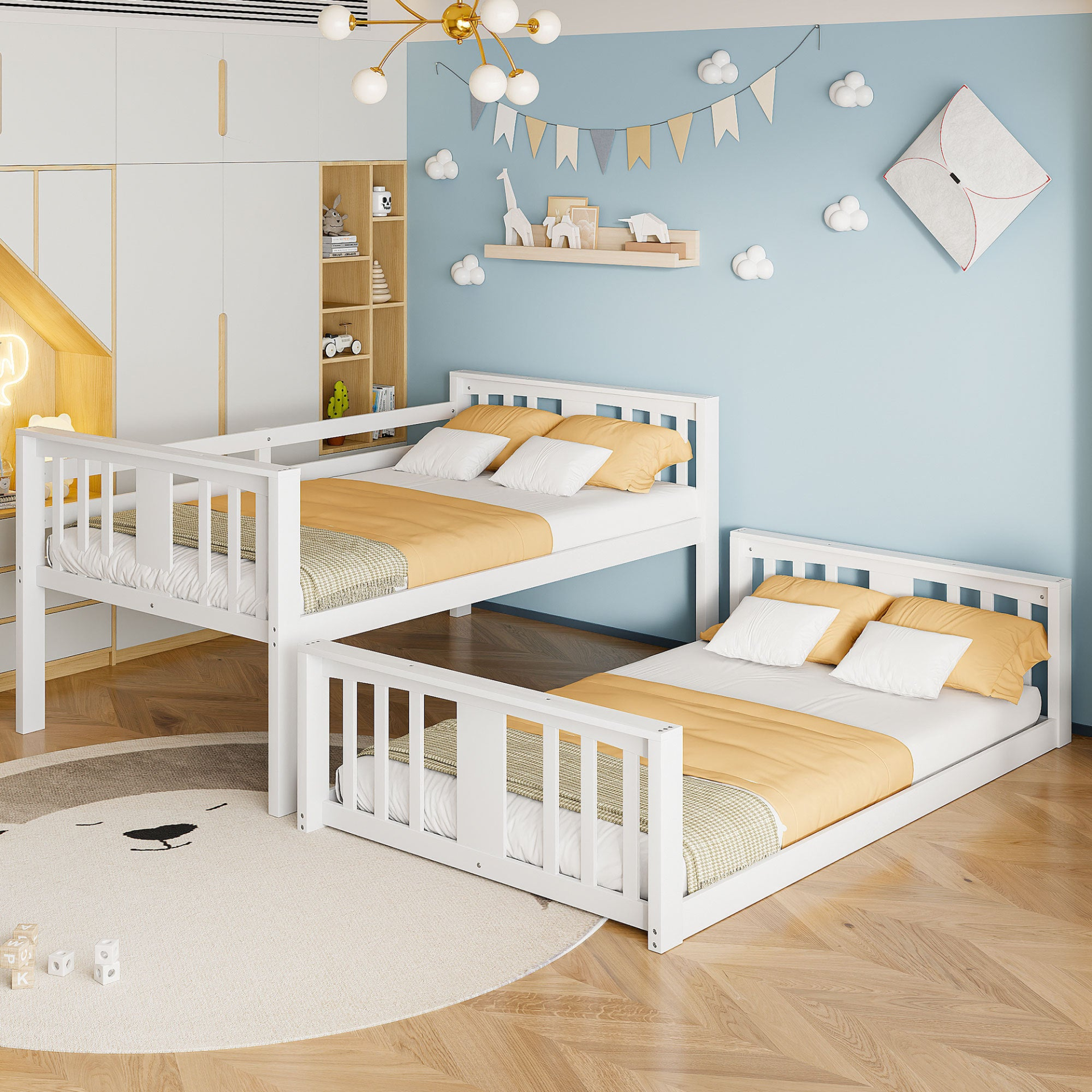Start2Finish twin over twin bunk bed made of plywood with ladder and guardrails, ideal for shared or guest bedrooms.