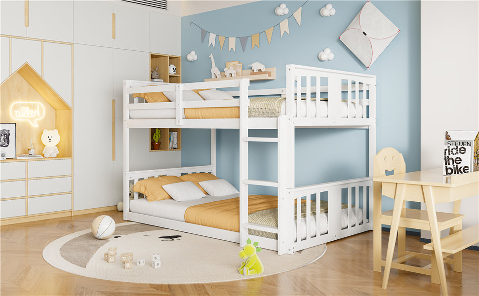 Twin over twin bunk bed in plywood with ladder and guardrails, ideal for shared or guest bedrooms by Start2Finish.