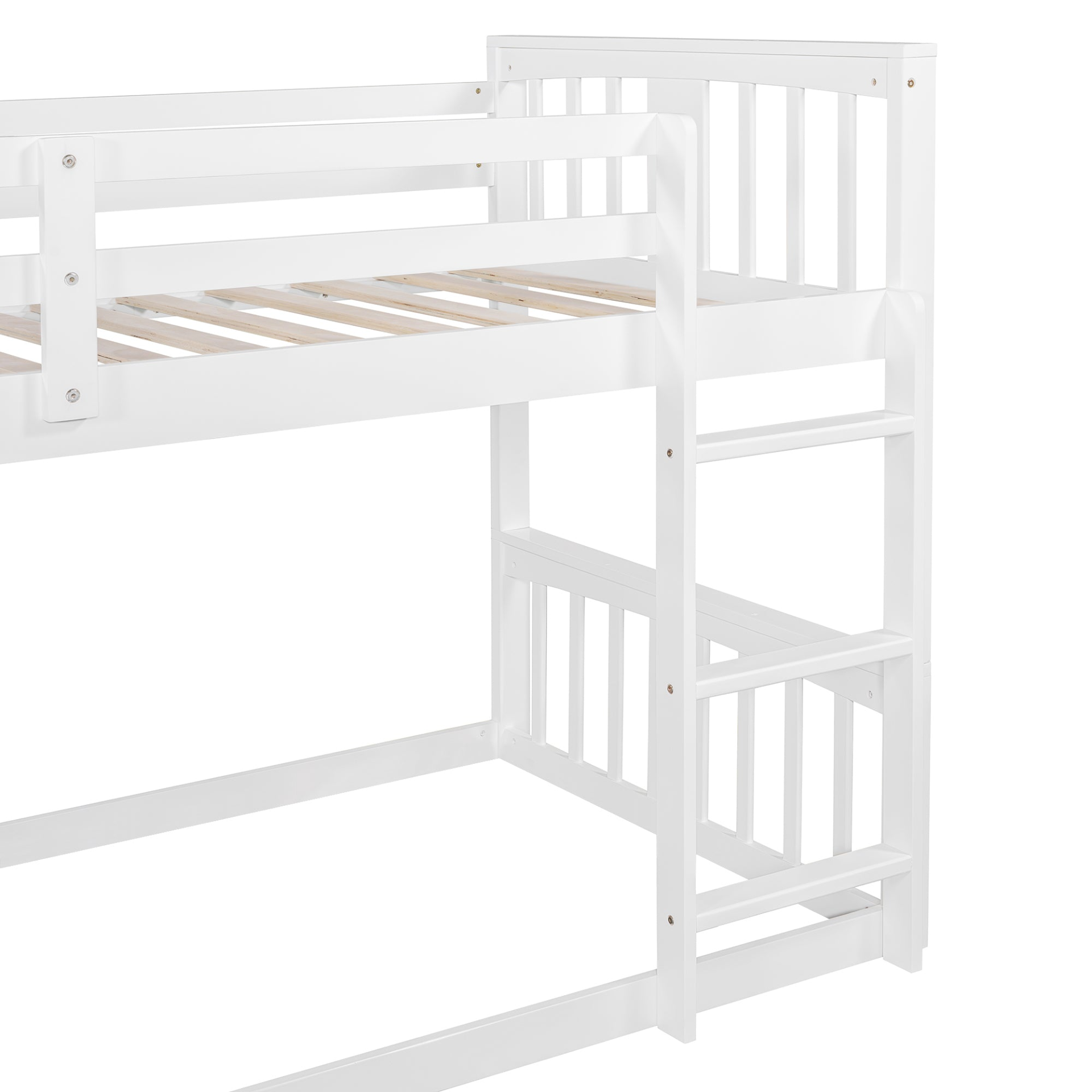 Twin over twin plywood bunk bed with ladder and guardrails, ideal for shared bedrooms or guest rooms, by Start2Finish furniture.