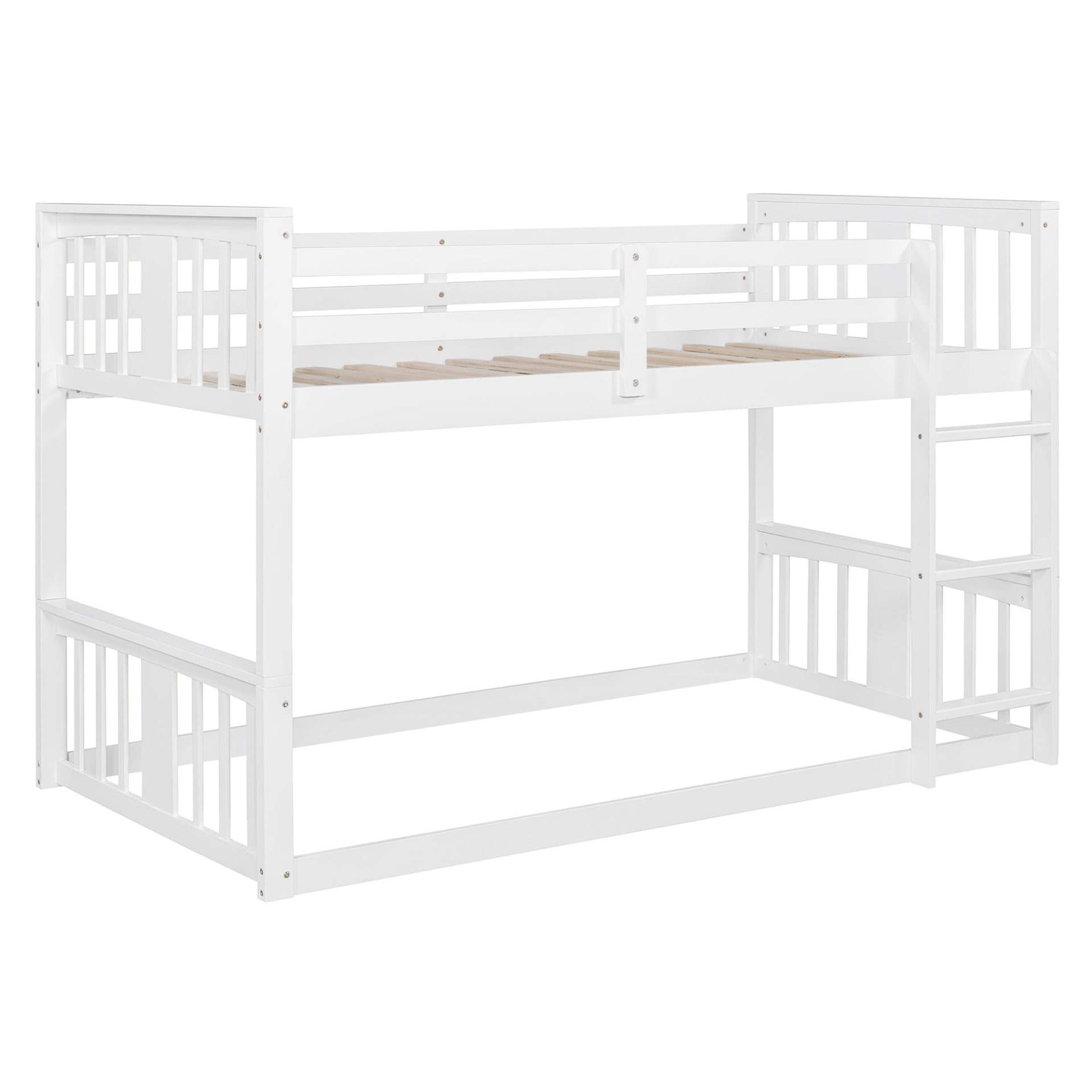 Twin over twin plywood bunk bed by Start2Finish with ladder and guardrails, ideal for shared bedrooms or guest rooms.