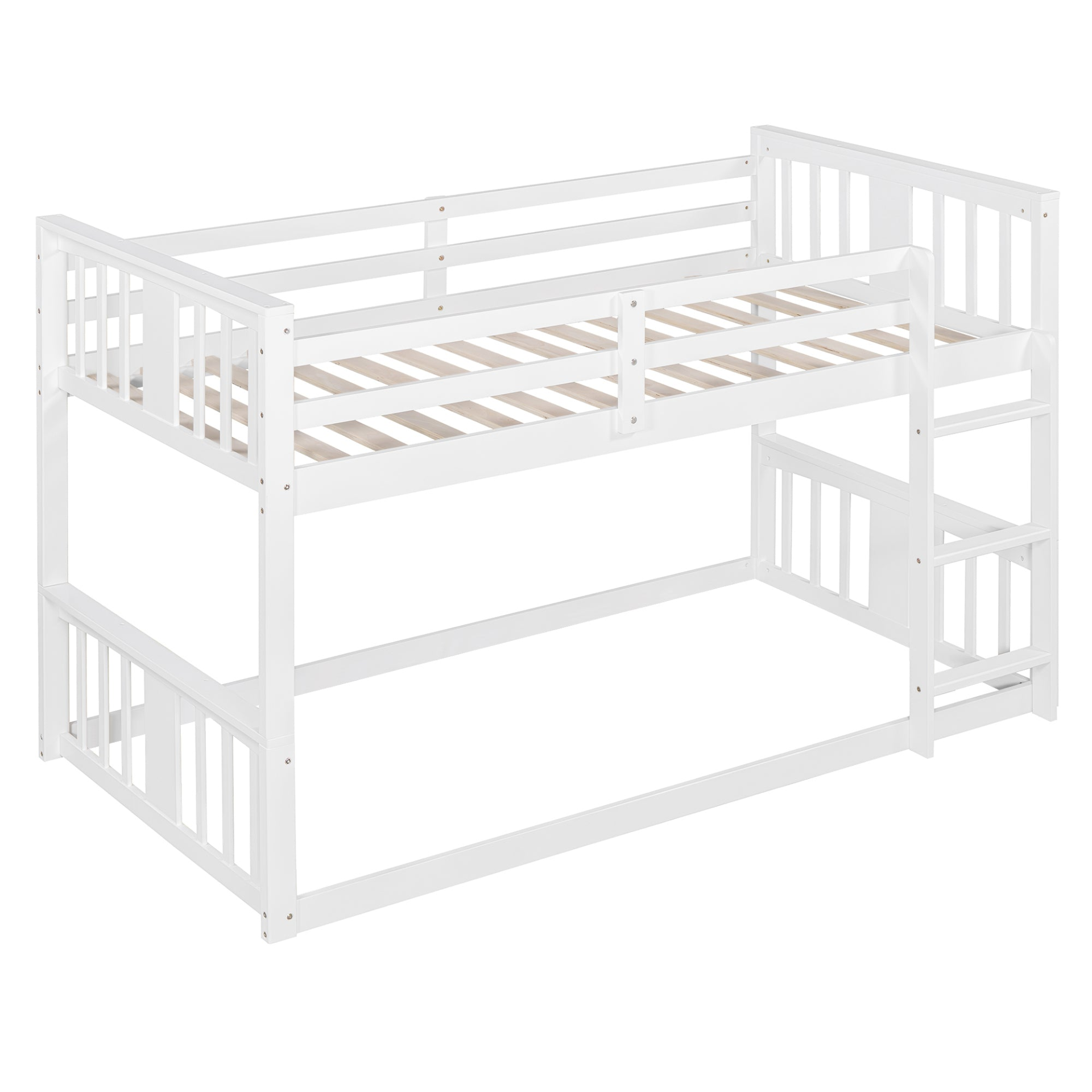 Twin over twin plywood bunk bed with ladder and guardrails, designed for shared bedrooms or guest rooms, by Start2Finish.