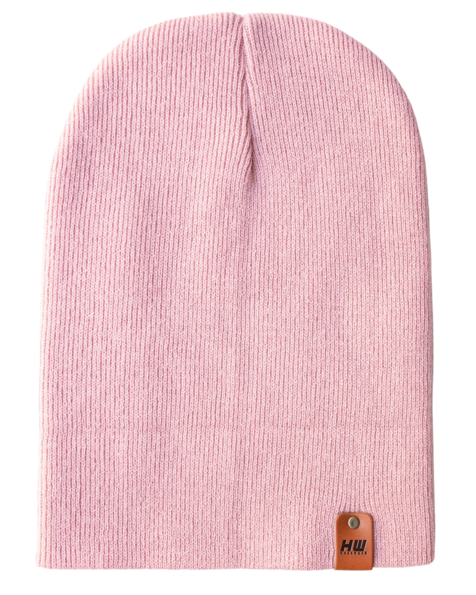 Azure Arrowwood HAAKWEAR knit cuffed beanie in pearl pink, showcasing a cozy, stylish hat with a ribbed knit design.