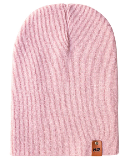Azure Arrowwood HAAKWEAR knit cuffed beanie in pearl pink, showcasing a cozy, stylish hat with a ribbed knit design.