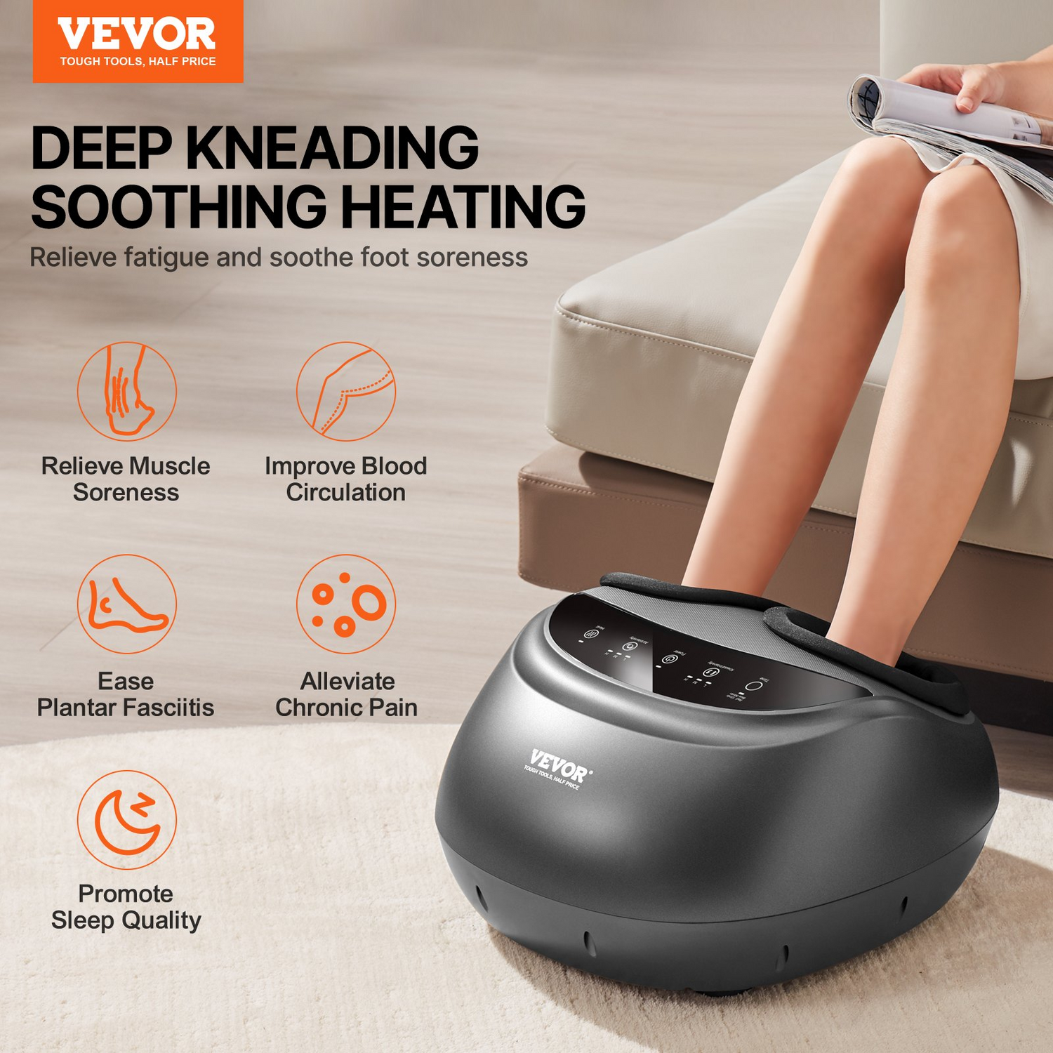 Start2Finish VEVOR foot massager machine with heat, deep-kneading, compression, and Shiatsu for plantar fasciitis relief.