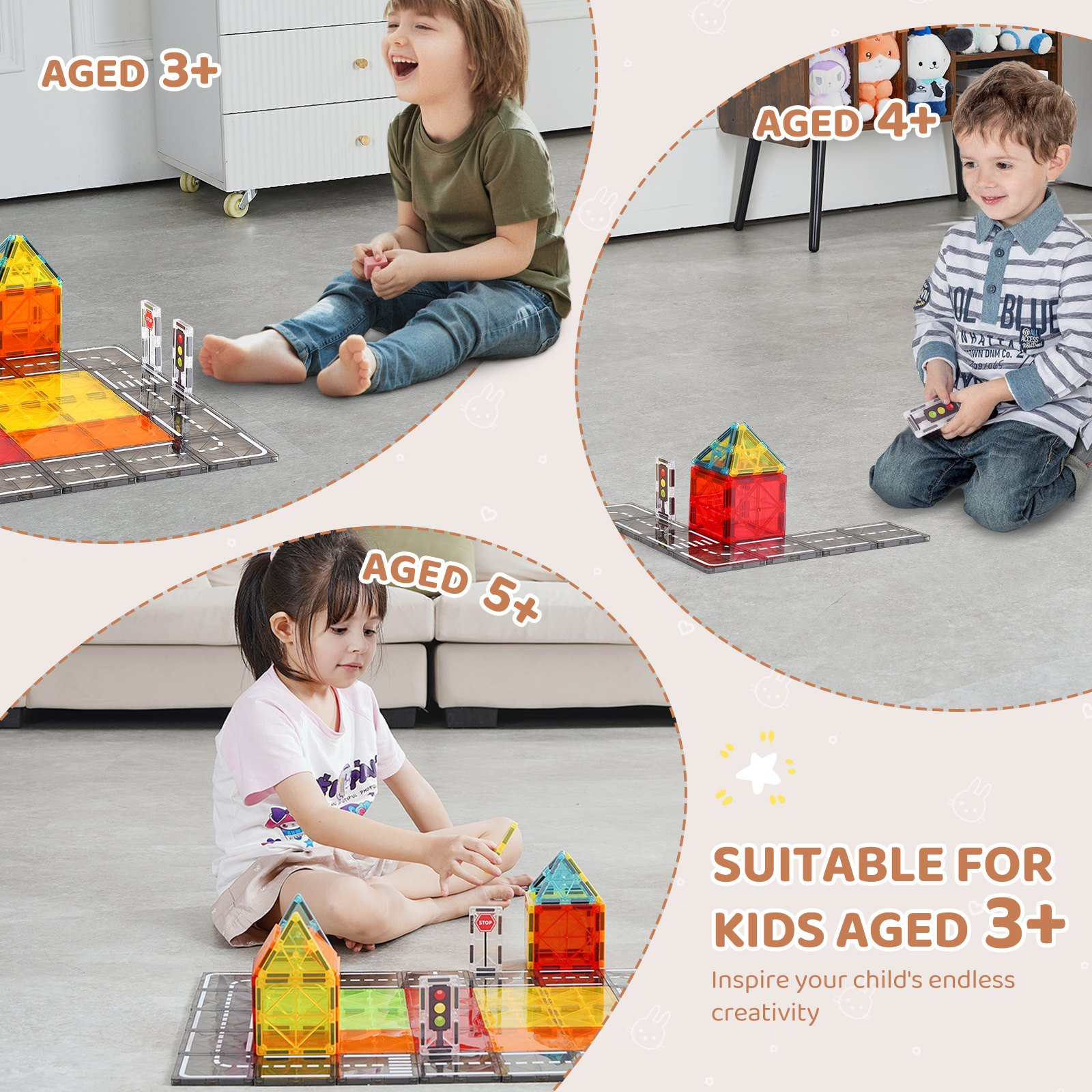 Vevor Magnetic Tiles 56-piece magnetic road building set for kids with storage bag, STEM educational city construction toys for toddlers.