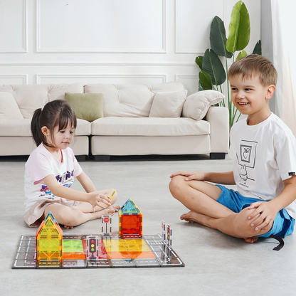 Start2Finish VEVOR magnetic tiles 56-piece set with storage bag for kids, STEM building toys for creative city construction and play.