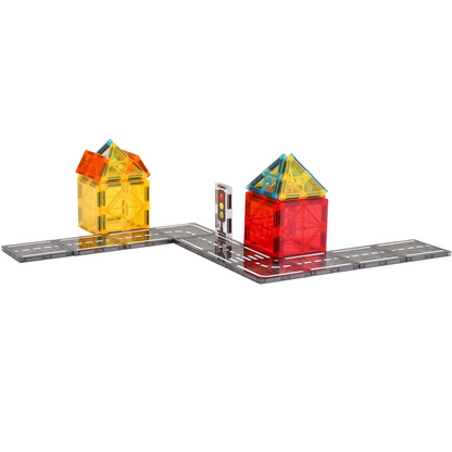Start2Finish VEVOR magnetic tiles set with 56 colorful road building blocks for kids, STEM educational city construction toys.