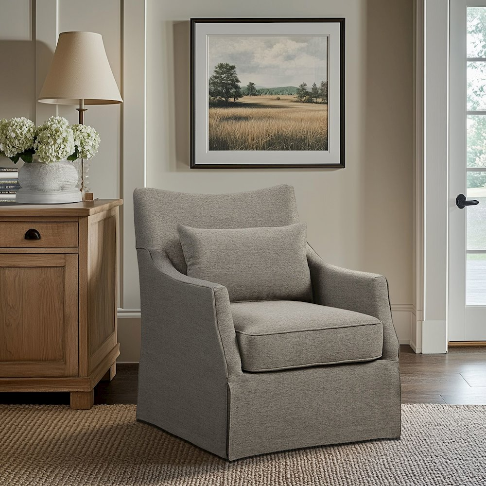 Start2Finish skirted swivel chair with a fabric seat and a decorative fabric skirt, designed for stylish comfort in living spaces.