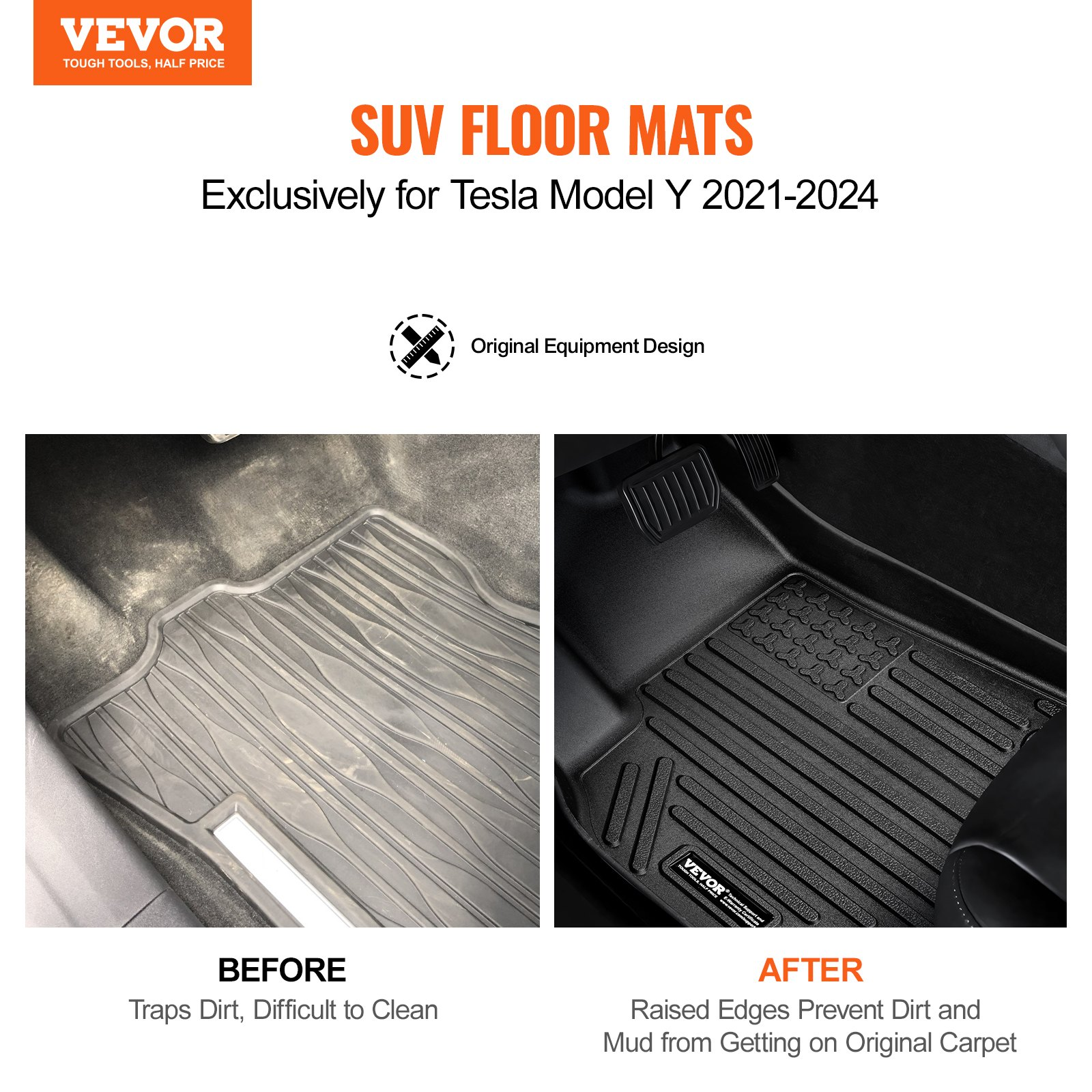 Start2Finish VEVOR Tesla Model Y all-weather black automotive floor mats, 3-piece set for front and second row, TPE, easy to clean.