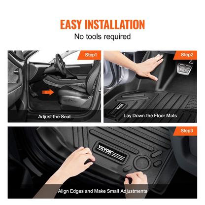 Start2Finish VEVOR Tesla Model Y automotive floor mats, 3-piece all-weather TPE liners for front and second row in black.
