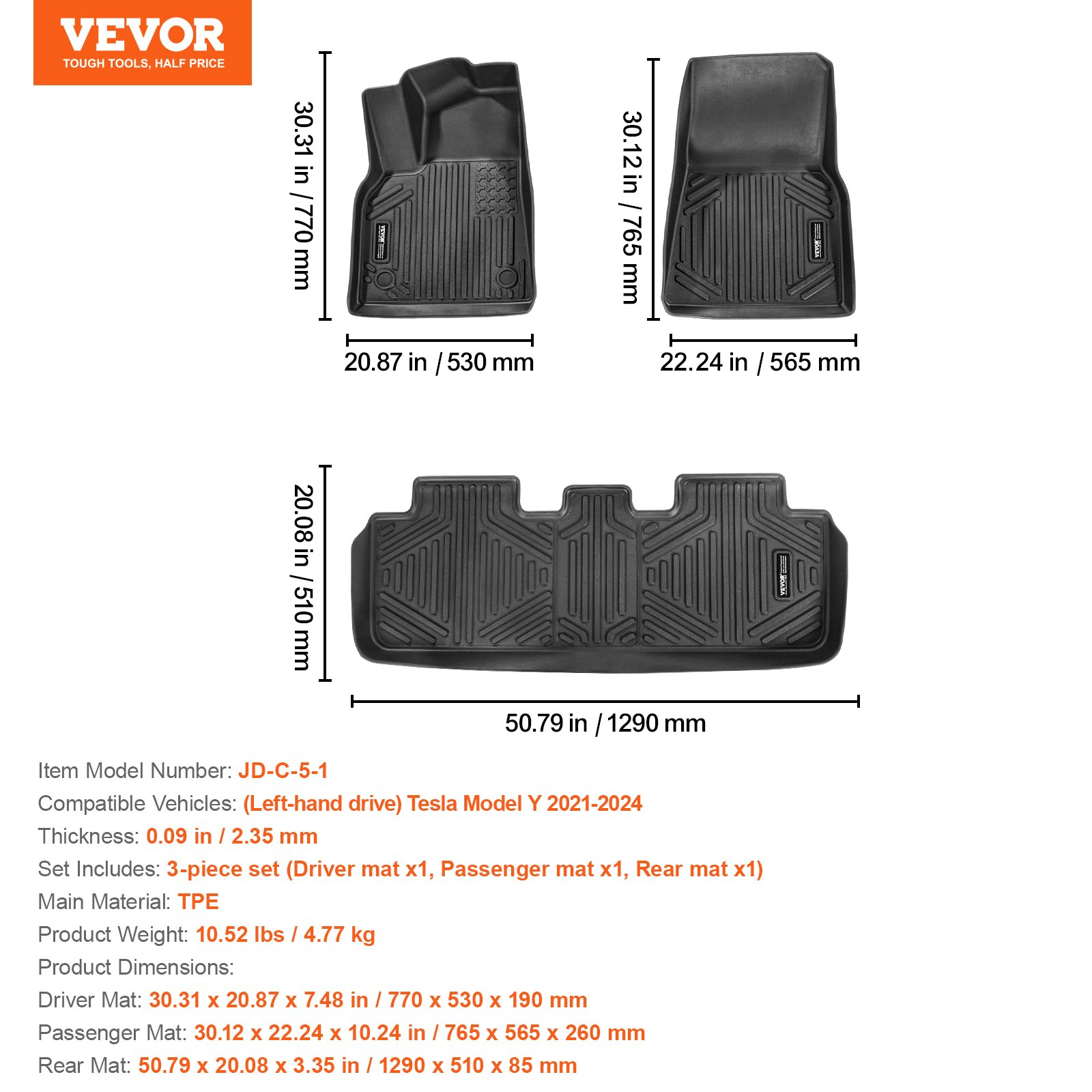 Start2Finish VEVOR Tesla Model Y all-weather black automotive floor mats, 3-piece set for front and rear SUV flooring.