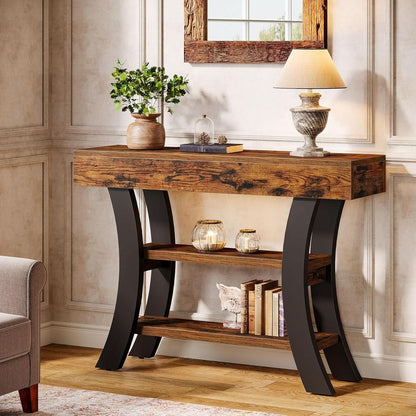 41 Inch Rustic Brown Console Table Curved Frame Shelves