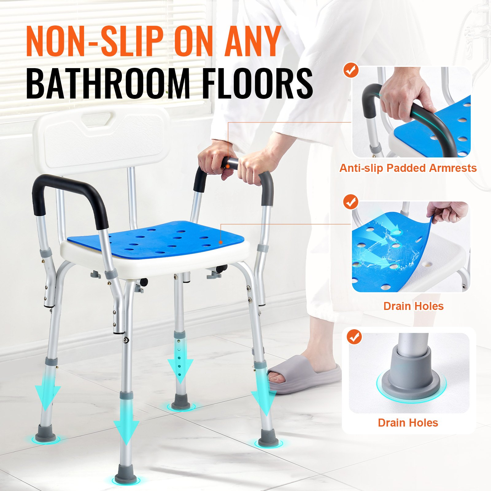 Start2Finish shower chair with back, adjustable height, non-slip surface, designed for elderly and disabled for safe bathing.