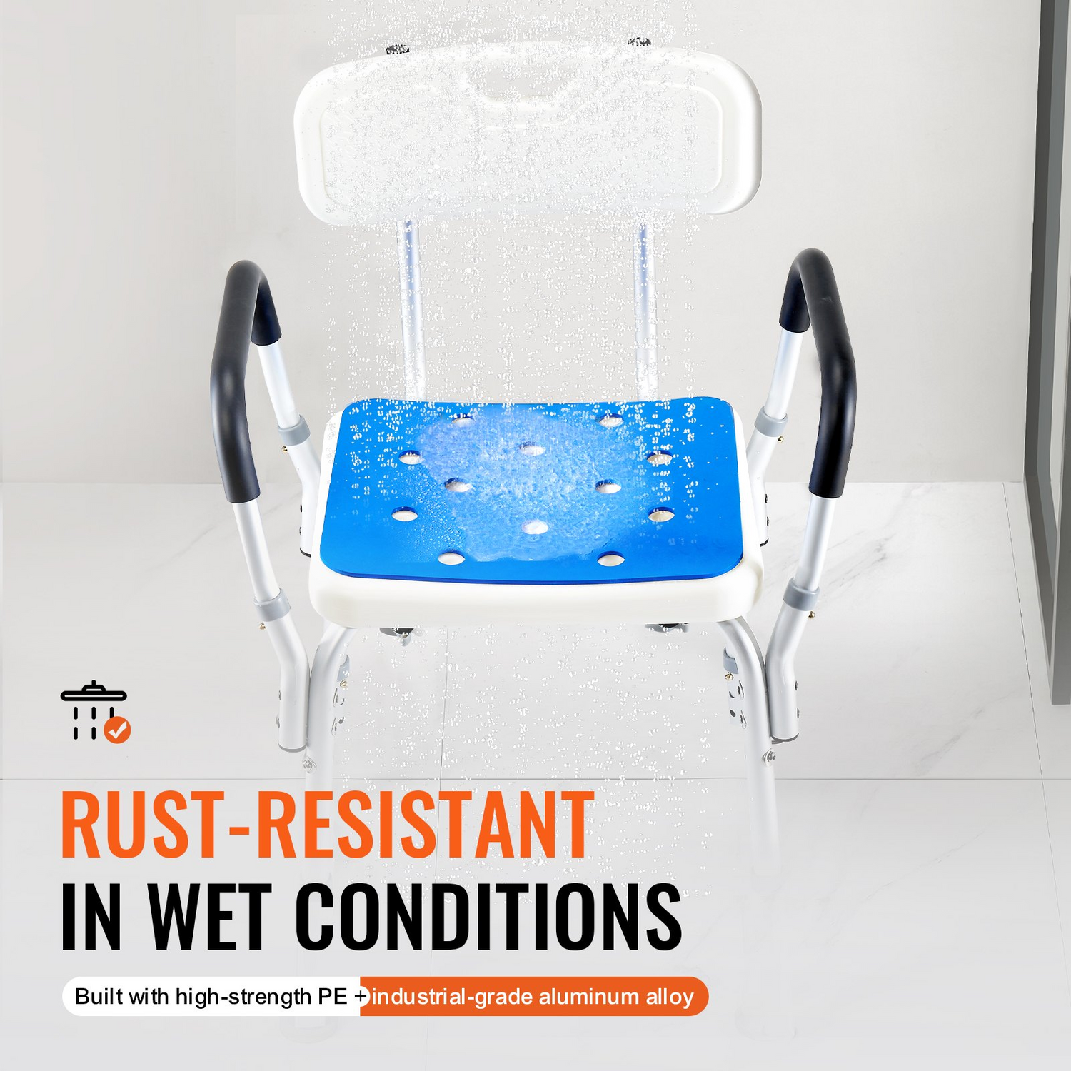 Start2Finish shower chair with back, adjustable height, non-slip bath seat, supports 400 lbs for elderly and disabled users.