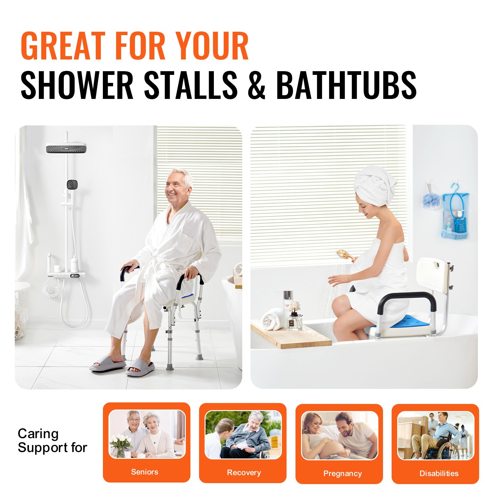 Start2Finish shower chair with back, adjustable height, non-slip bath seat, supports 400 lbs, ideal for elderly or disabled users.