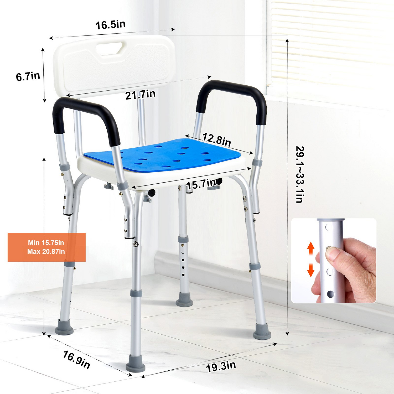 Start2Finish shower chair with back, adjustable height, non-slip bath bench for elderly or disabled, supports up to 400 lbs.
