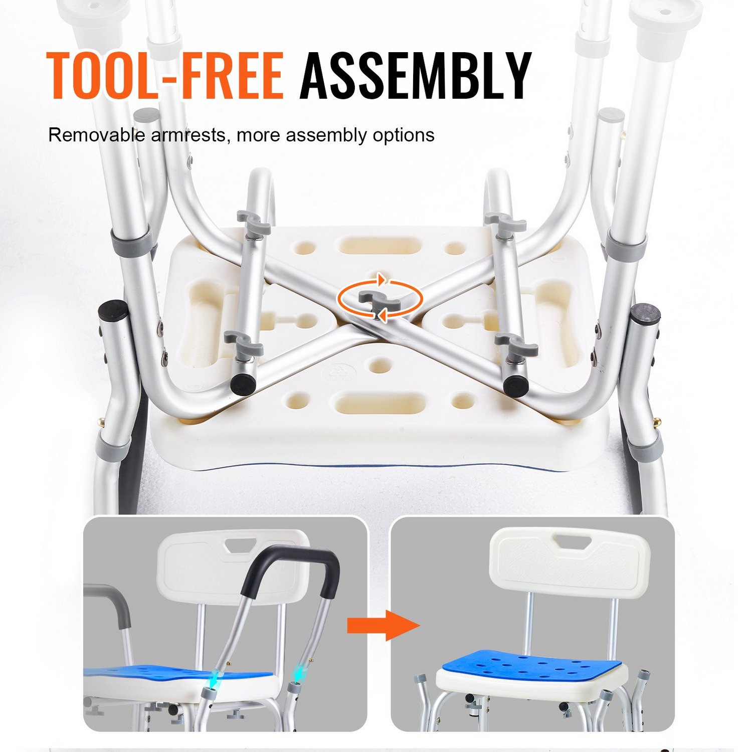 Start2Finish shower chair with back, adjustable height, non-slip legs, and 400 lbs capacity for elderly and disabled users.