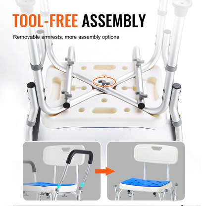 Start2Finish shower chair with back, adjustable height, non-slip legs, and 400 lbs capacity for elderly and disabled users.