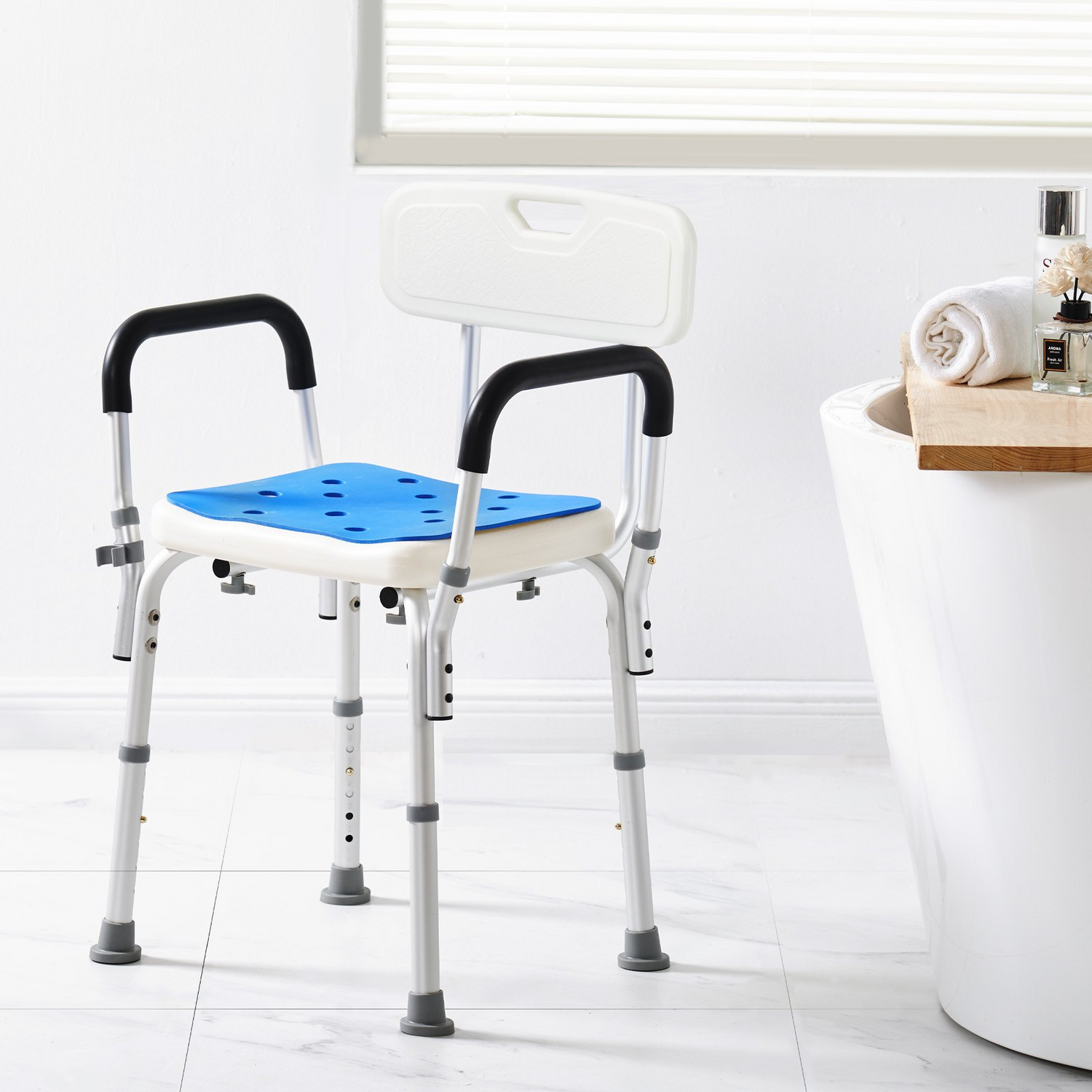 Start2Finish shower chair with back, adjustable height, non-slip bathroom bench, supports up to 400 lbs for elderly and disabled users