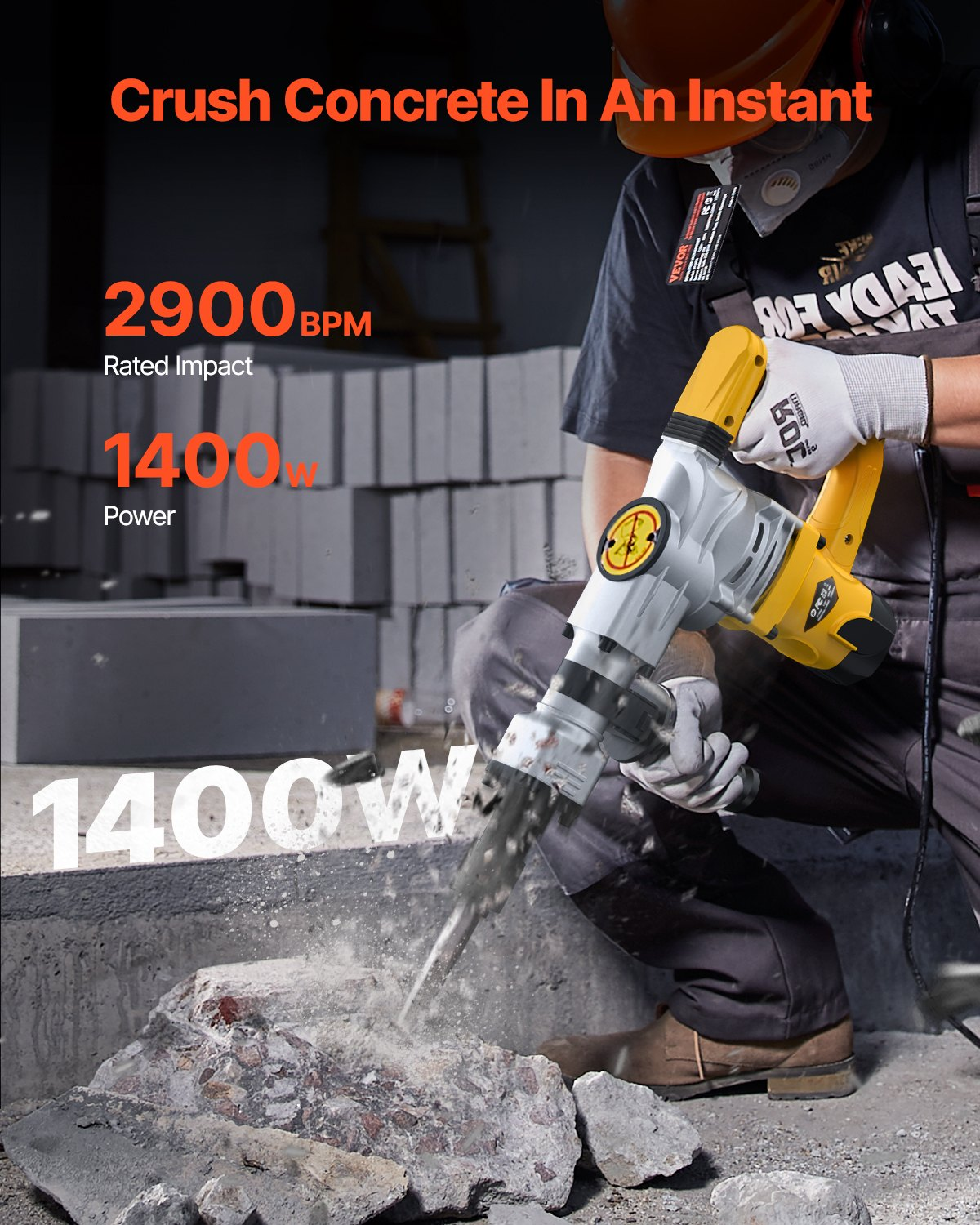 Start2Finish VEVOR 1400W Electric Demolition Jack Hammer with chisels, storage case, gloves, and goggles for concrete breaking.