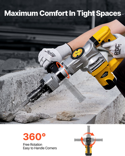 Start2Finish VEVOR Demolition Jack Hammer with 1400W motor, 2900 BPM, includes chisels, case, gloves, and goggles.