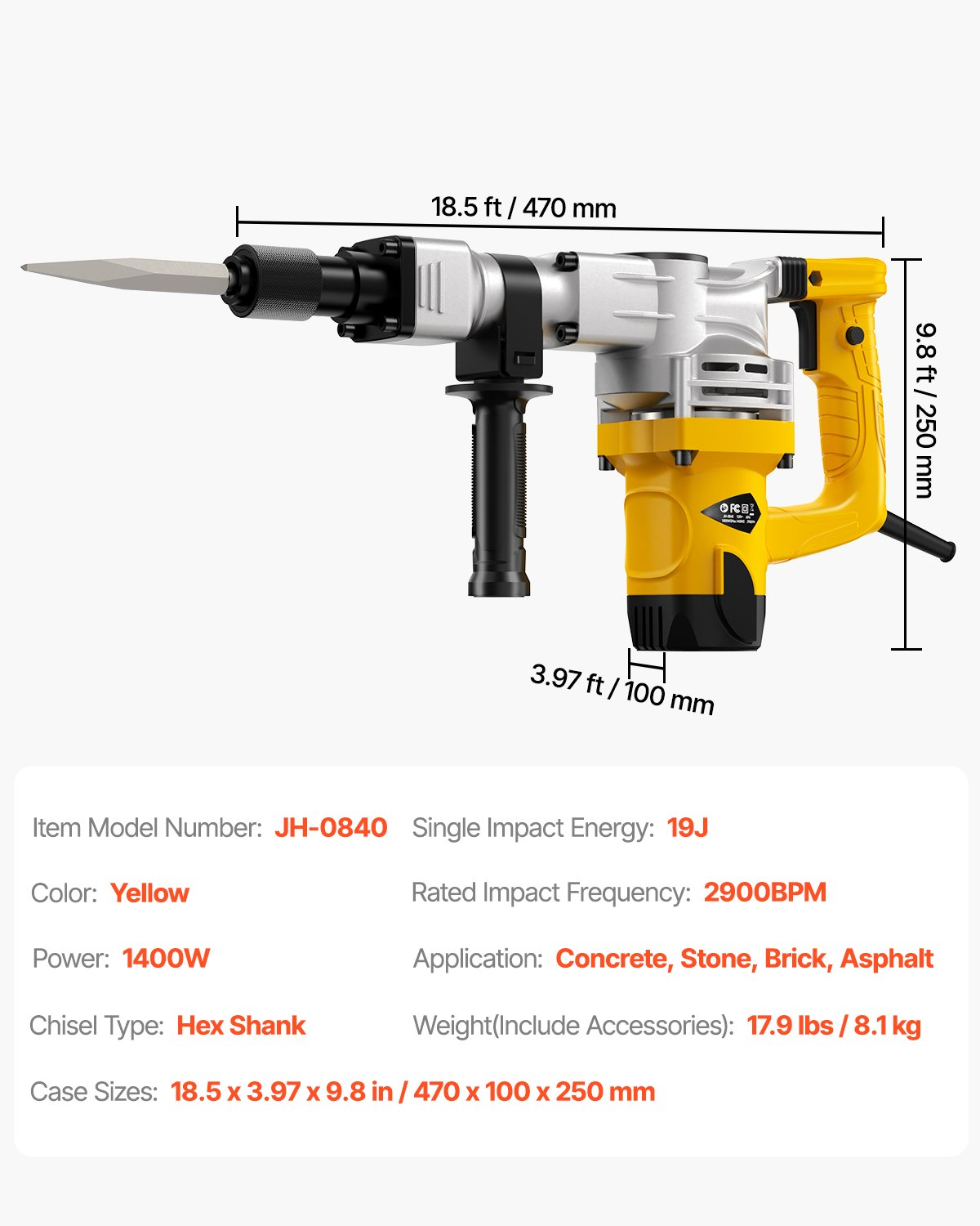 Start2Finish VEVOR 1400W Demolition Jack Hammer with chisels, gloves, goggles, and storage case for concrete breaking and demolition work.
