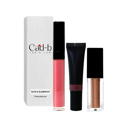 Start2Finish Glitz &amp; Glamor Makeup Set with vegan lip oil, liquid blush, and shimmer in sleek packaging.