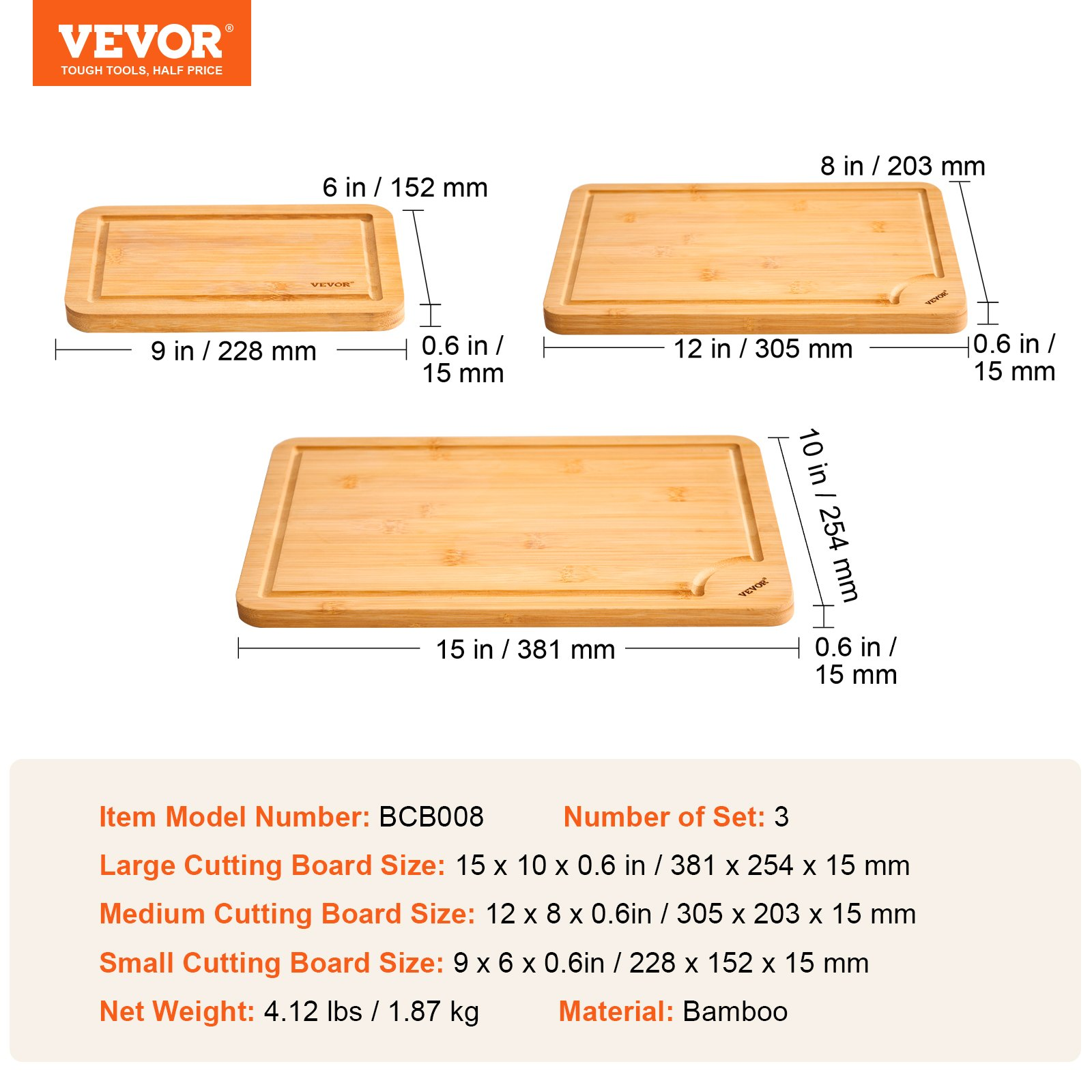 Start2Finish VEVOR 3-piece bamboo cutting boards with juice groove, built-in handle, food-grade oil, suitable for chopping and serving.