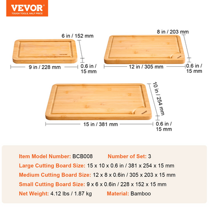 Start2Finish VEVOR 3-piece bamboo cutting boards with juice groove, built-in handle, food-grade oil, suitable for chopping and serving.
