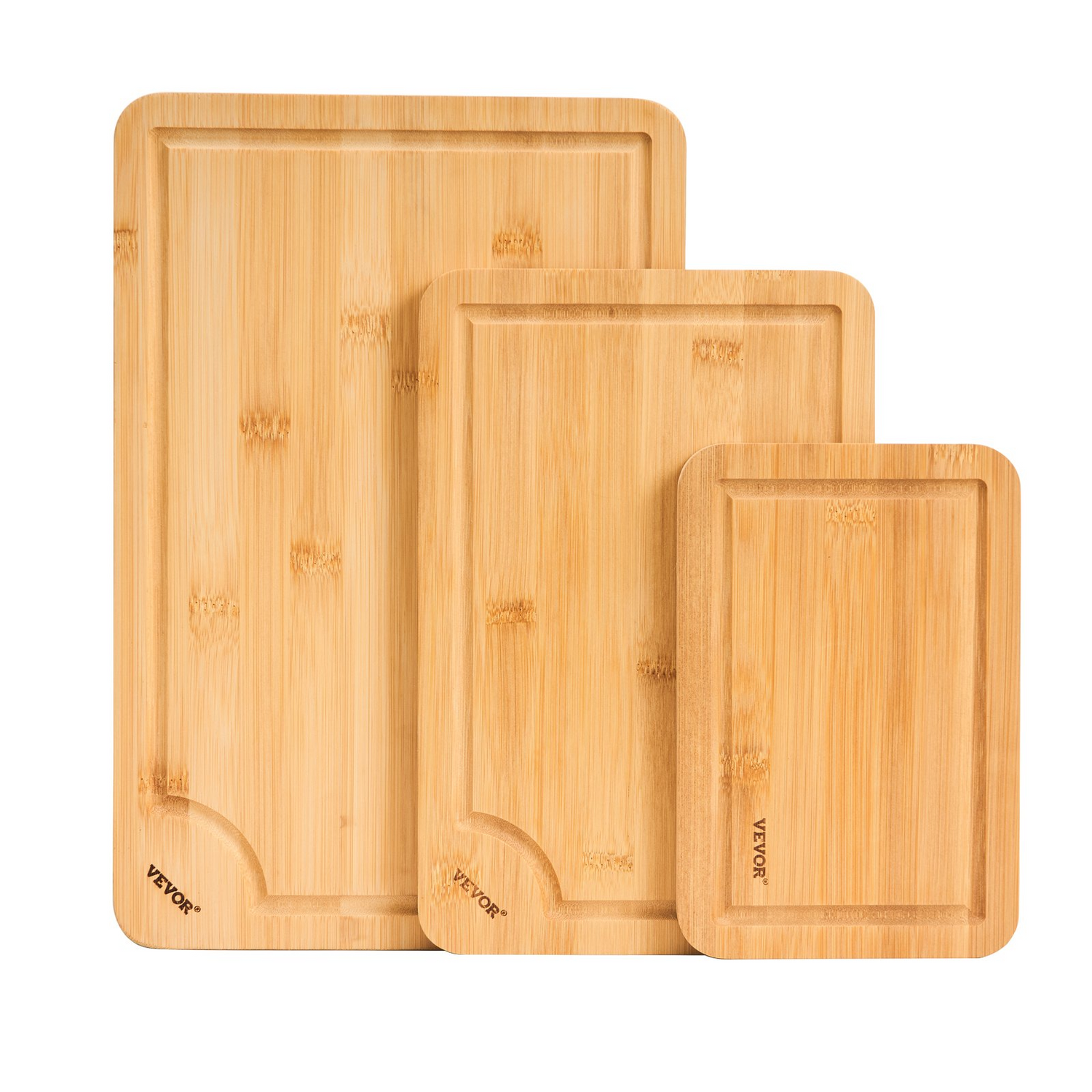 Start2Finish VEVOR 3-piece bamboo cutting board set with juice groove, built-in handle, food-grade oil, ideal for chopping and serving.