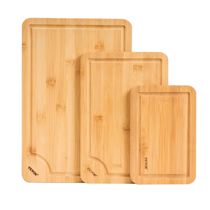 Start2Finish VEVOR 3-piece bamboo cutting board set with juice groove, built-in handle, food-grade oil, ideal for chopping and serving.