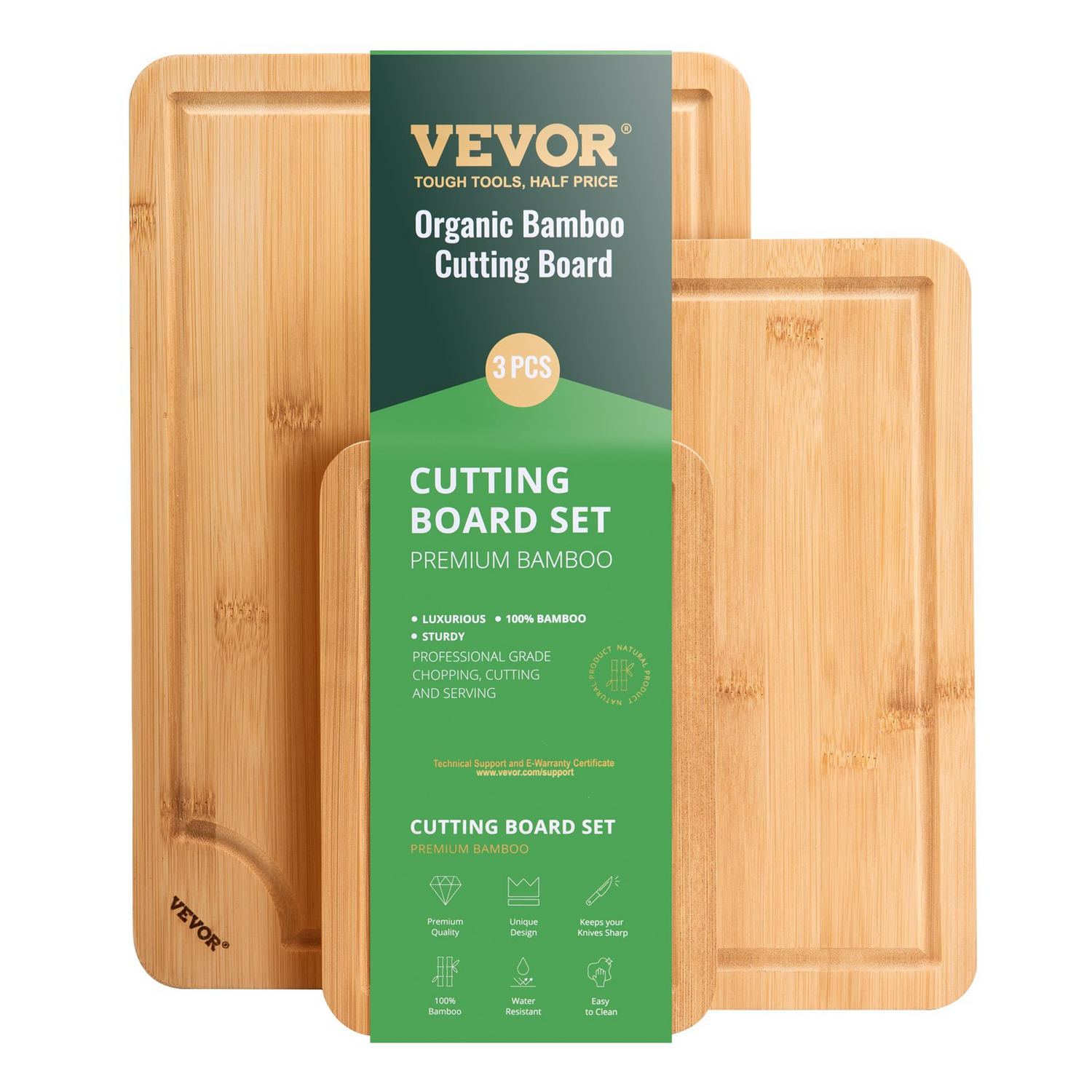 Start2Finish VEVOR 3-piece bamboo cutting board set with juice groove, built-in handle, and food-grade oil for chopping and serving.