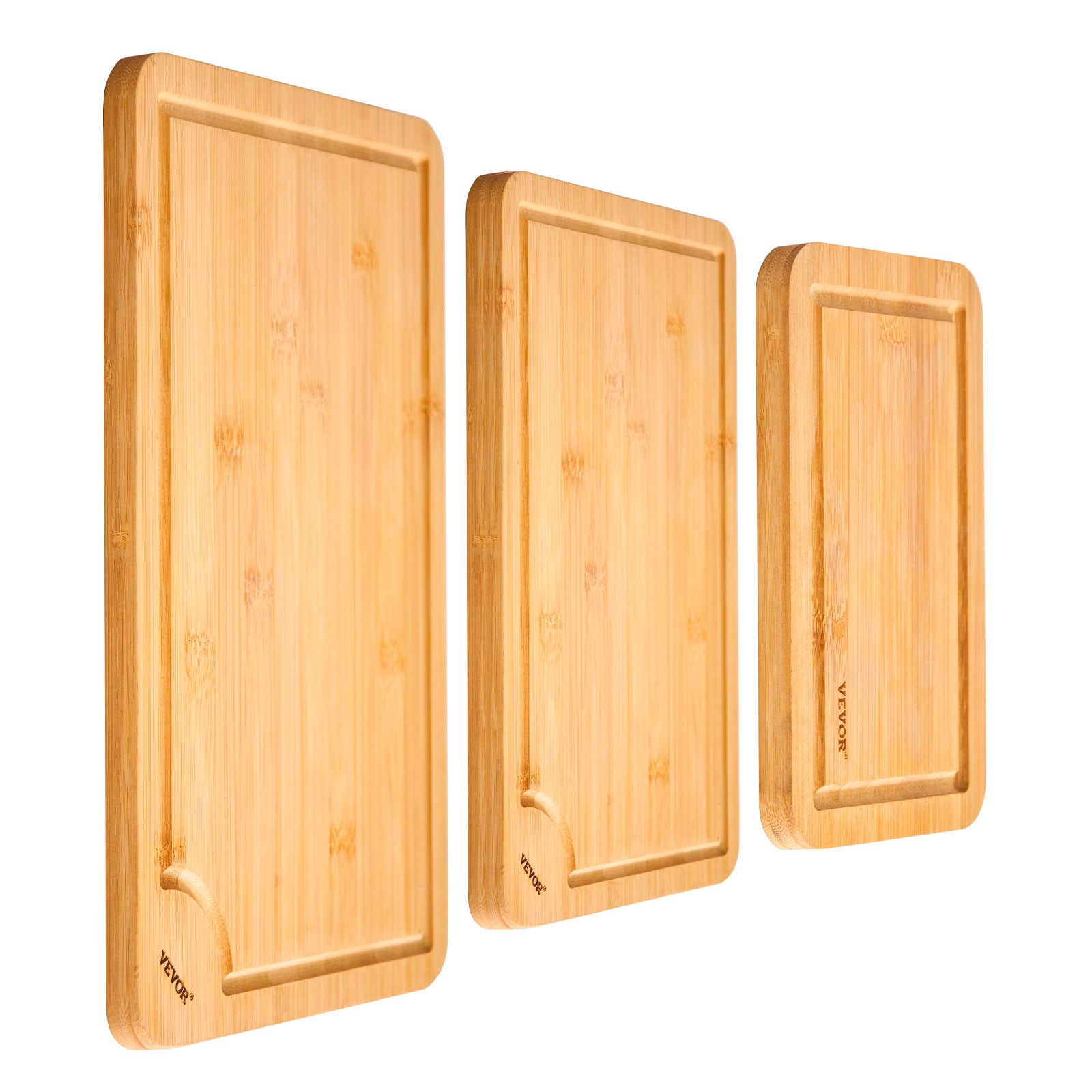 Start2Finish VEVOR 3-piece bamboo cutting board set with juice groove, built-in handle, durable surface, ideal for chopping and serving.