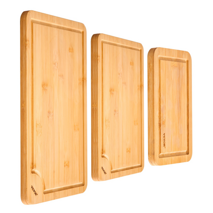 Start2Finish VEVOR 3-piece bamboo cutting board set with juice groove, built-in handle, durable surface, ideal for chopping and serving.