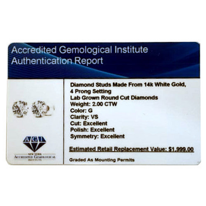 Two 2.00 CTW AGI certified lab-grown diamond stud earrings in 14K yellow gold, featuring G color and VS clarity, handcrafted jewelry.