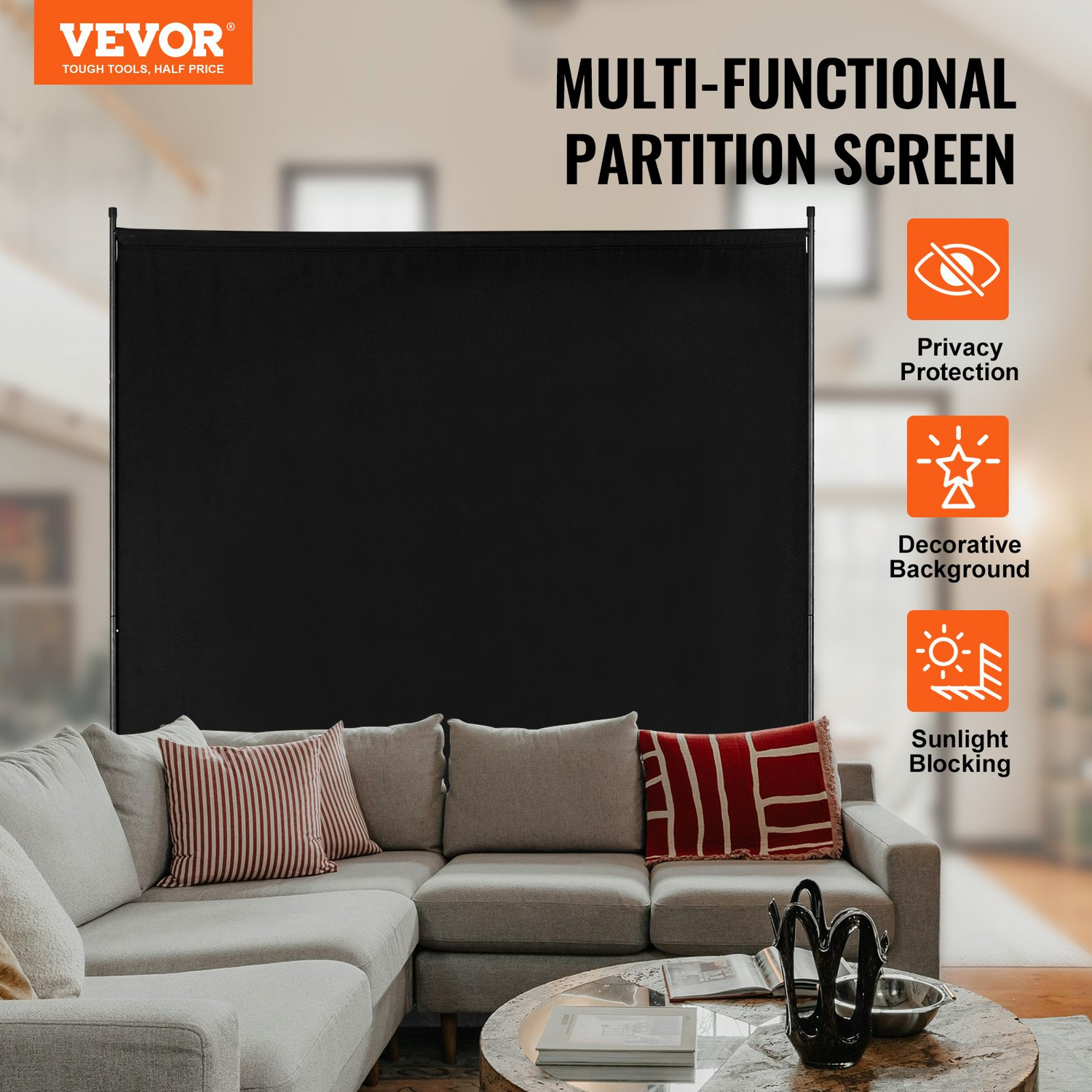 Start2Finish black single-panel room divider, 6ft freestanding privacy screen for office or bedroom room separation.