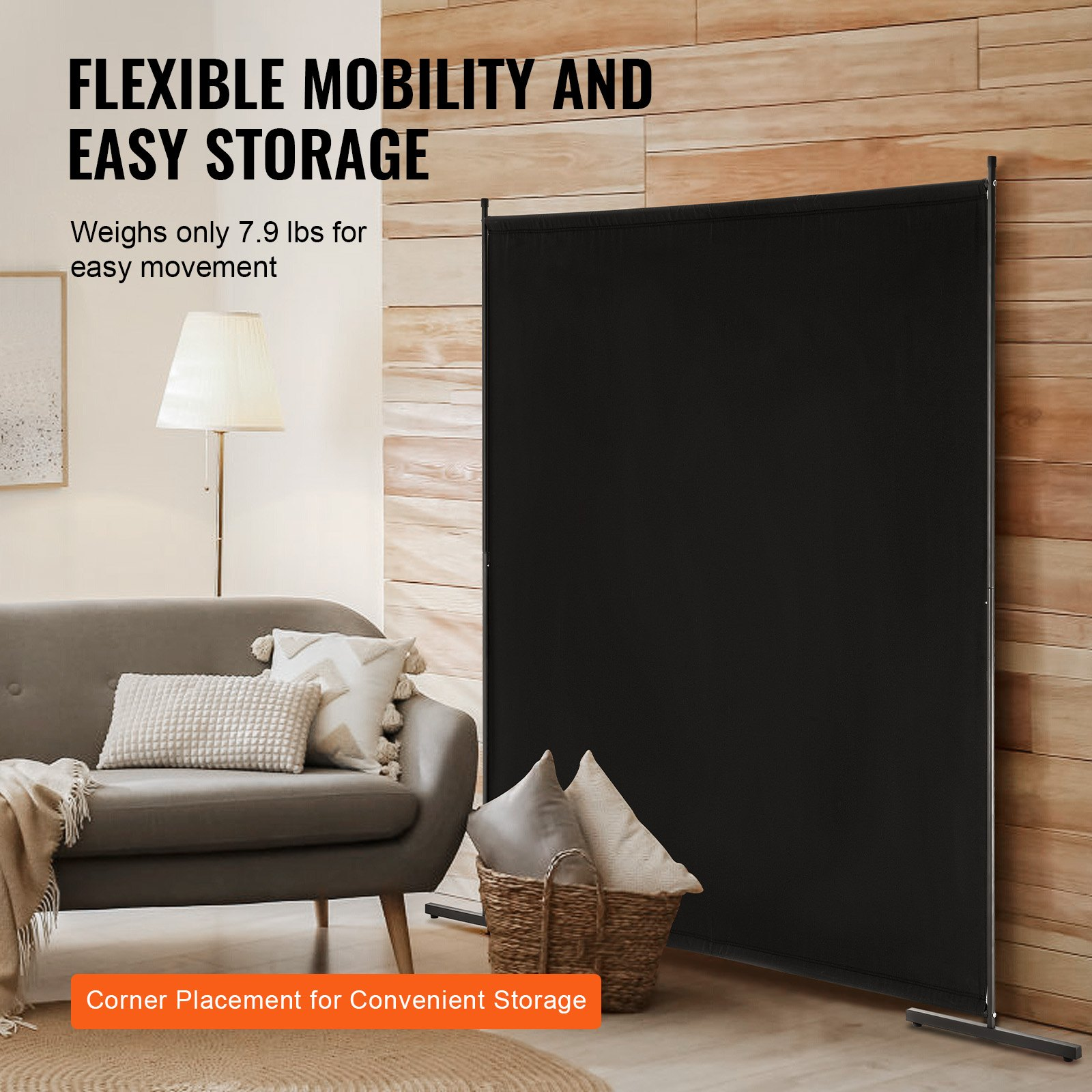 Black VEVOR single panel room divider, 6FT freestanding privacy screen for indoor room separation or office partition.