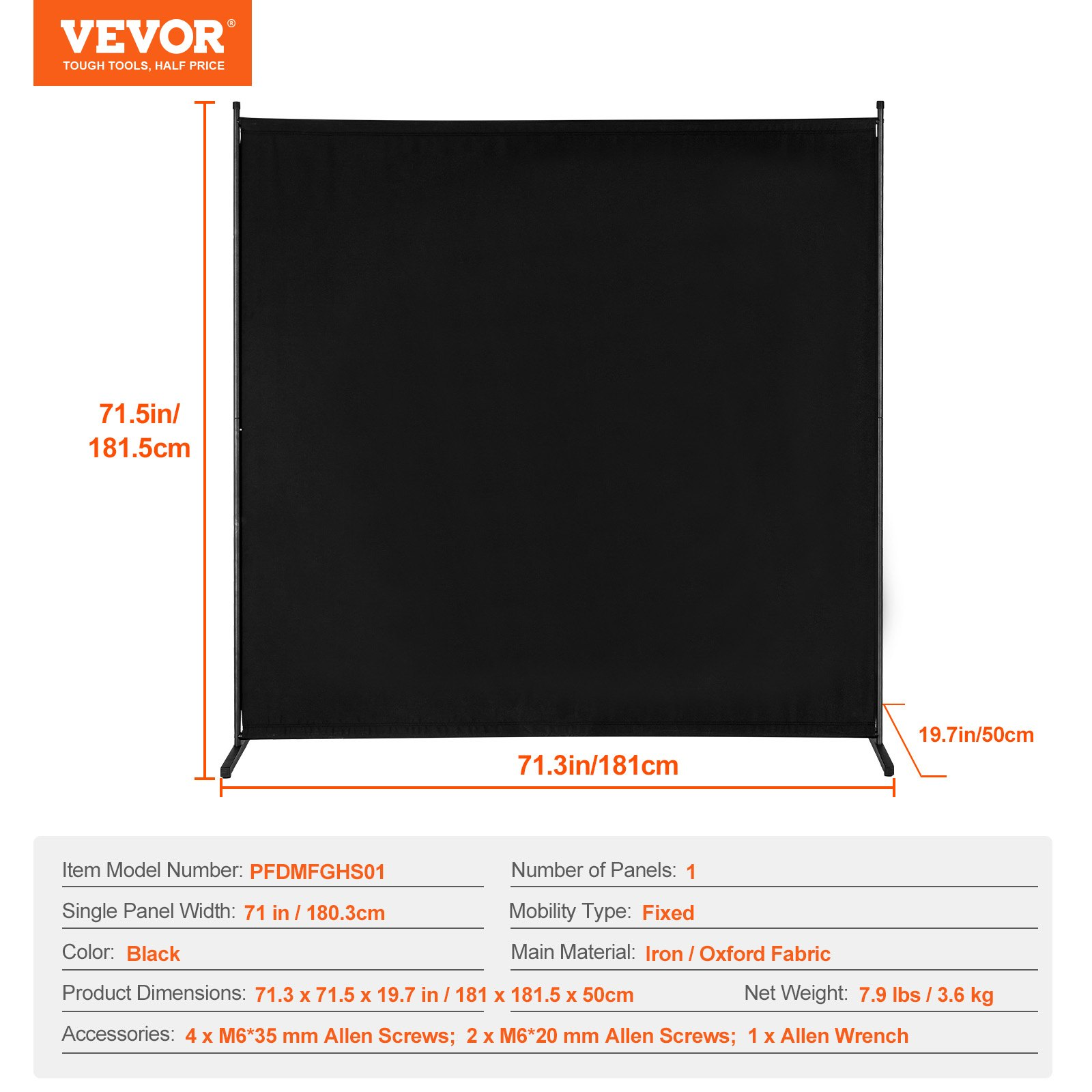 Black VEVOR single panel room divider, 6ft privacy screen with freestanding design for room separation in office or bedroom.