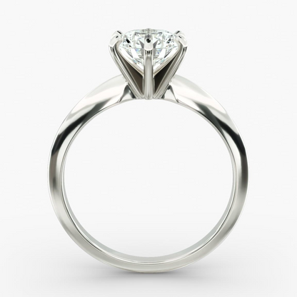 Round lab-grown diamond solitaire engagement ring with six prongs in 14K white gold, featuring F-VS clarity, 3.00 CTW AGI certified.