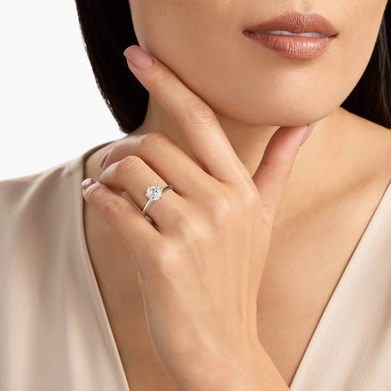 Start2Finish 3.00 CTW AGI Certified round lab-grown diamond solitaire engagement ring in 14K white gold with six prongs and F-VS clarity.